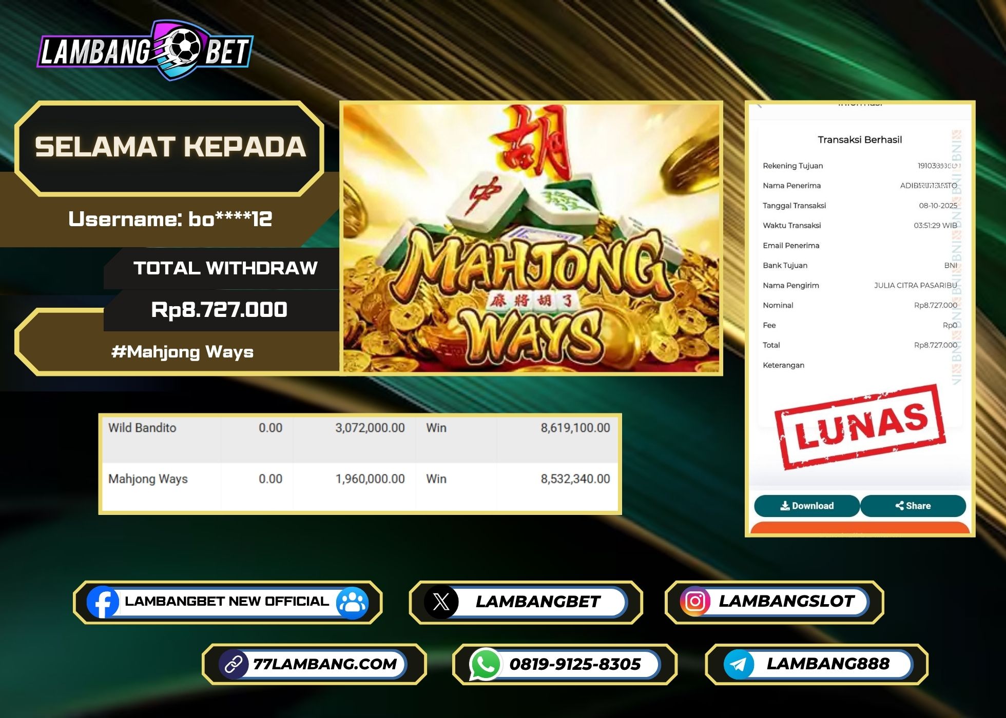 LAMBANGBET [8 OKTOBER 2025] JACKPOT SLOT Mahjong Ways "Rp8.727.000" LUNAS